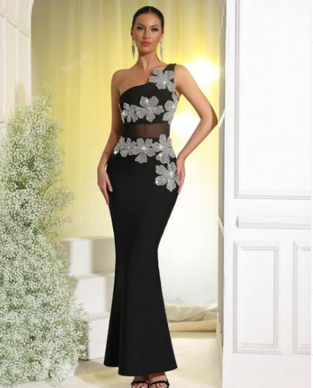 One Shoulder Draped Sleeveless Rhinestone Crystal Floral Bodycon Dress